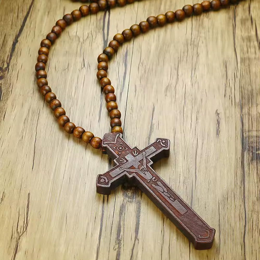 Long Wooden Cross Rosary Necklace