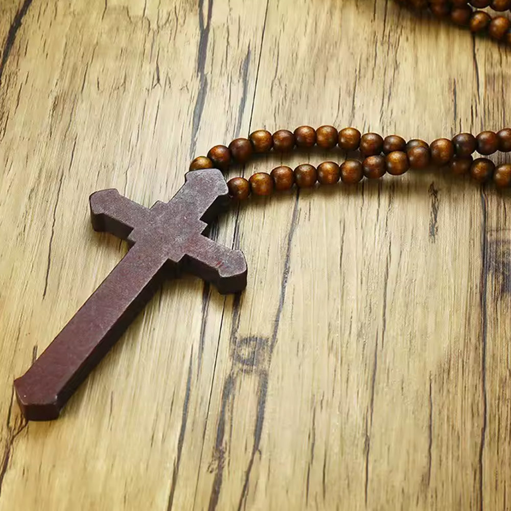Long Wooden Cross Rosary Necklace