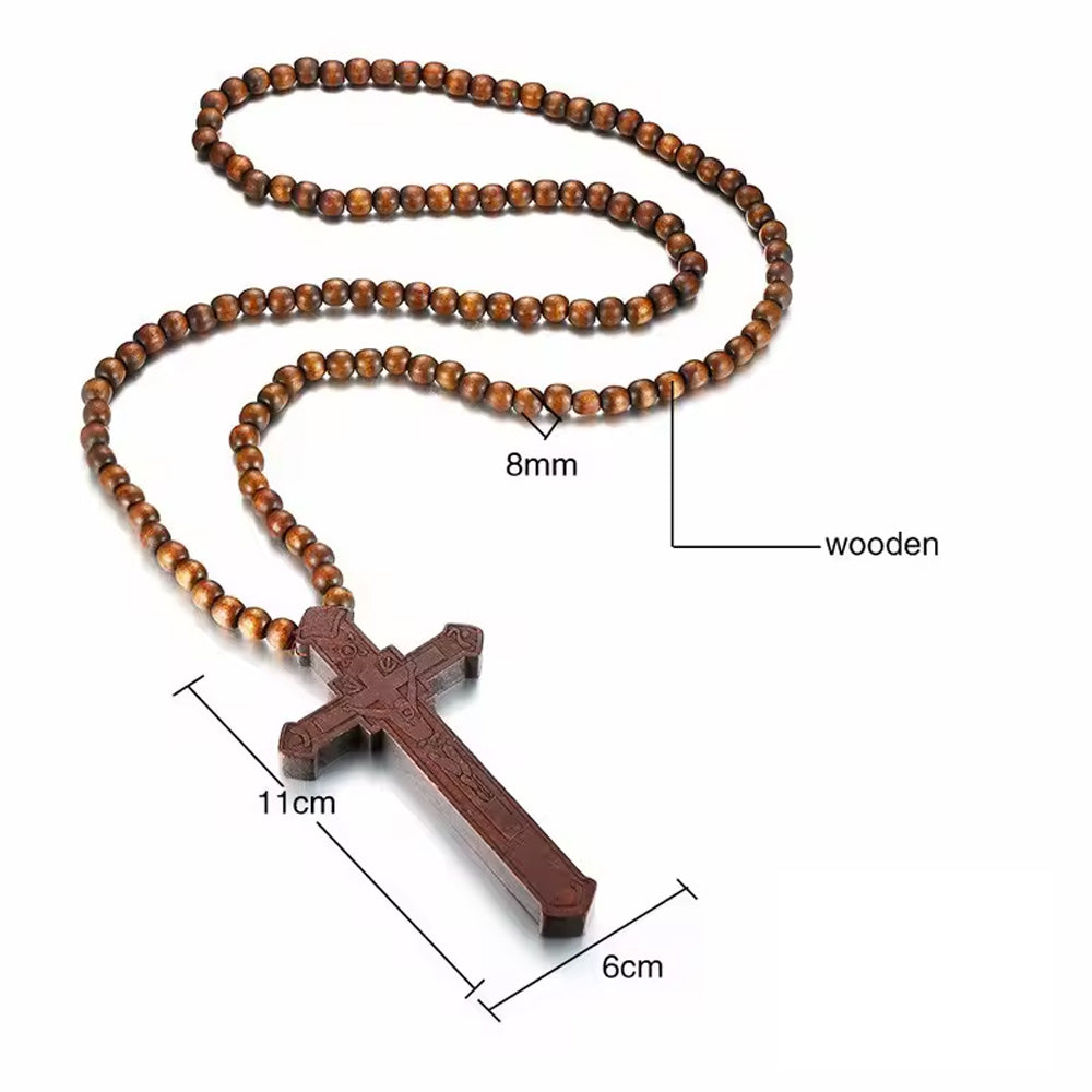 Long Wooden Cross Rosary Necklace