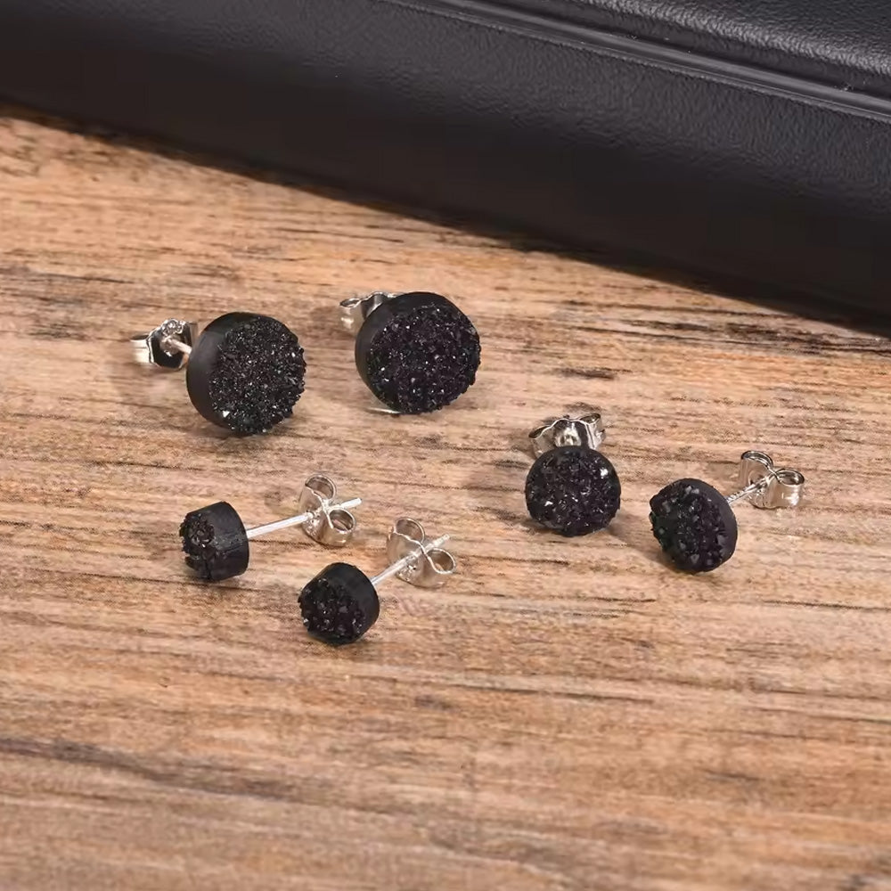Sterling Silver Black Druzy Round Stud Earrings
