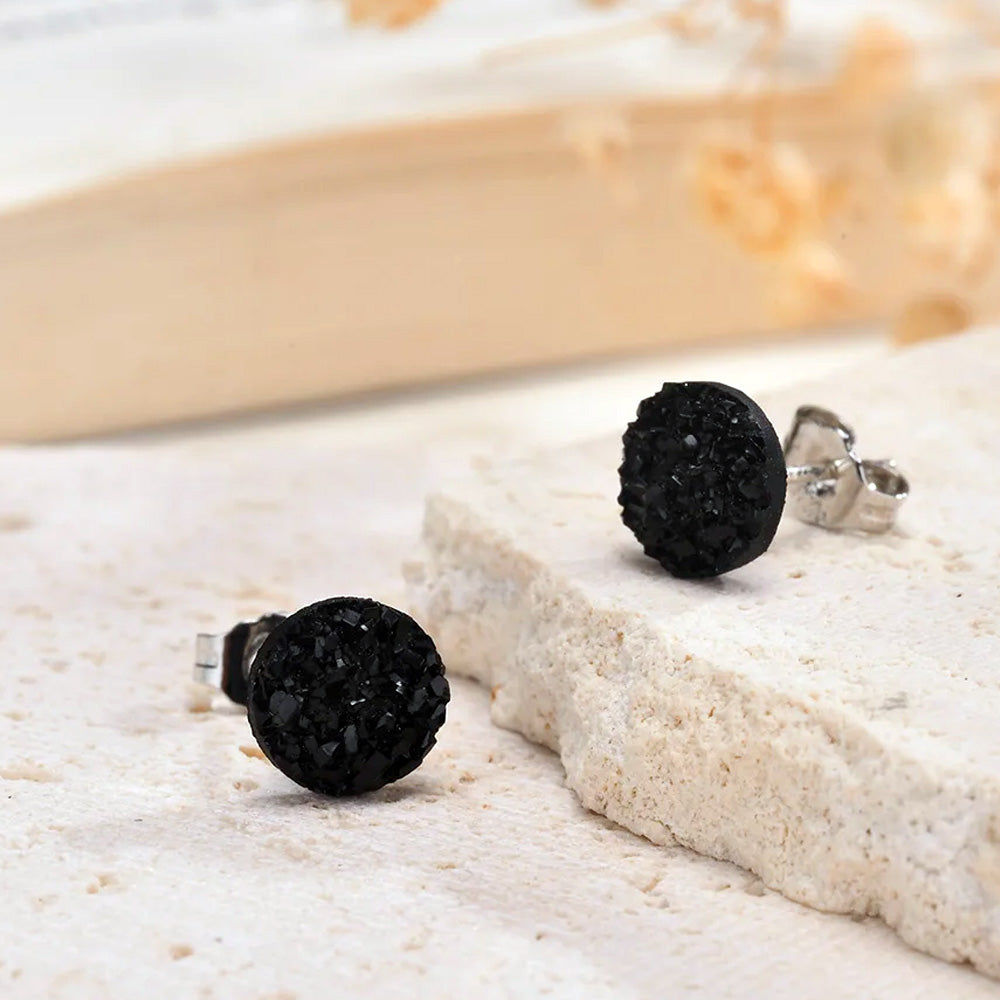 Sterling Silver Black Druzy Round Stud Earrings