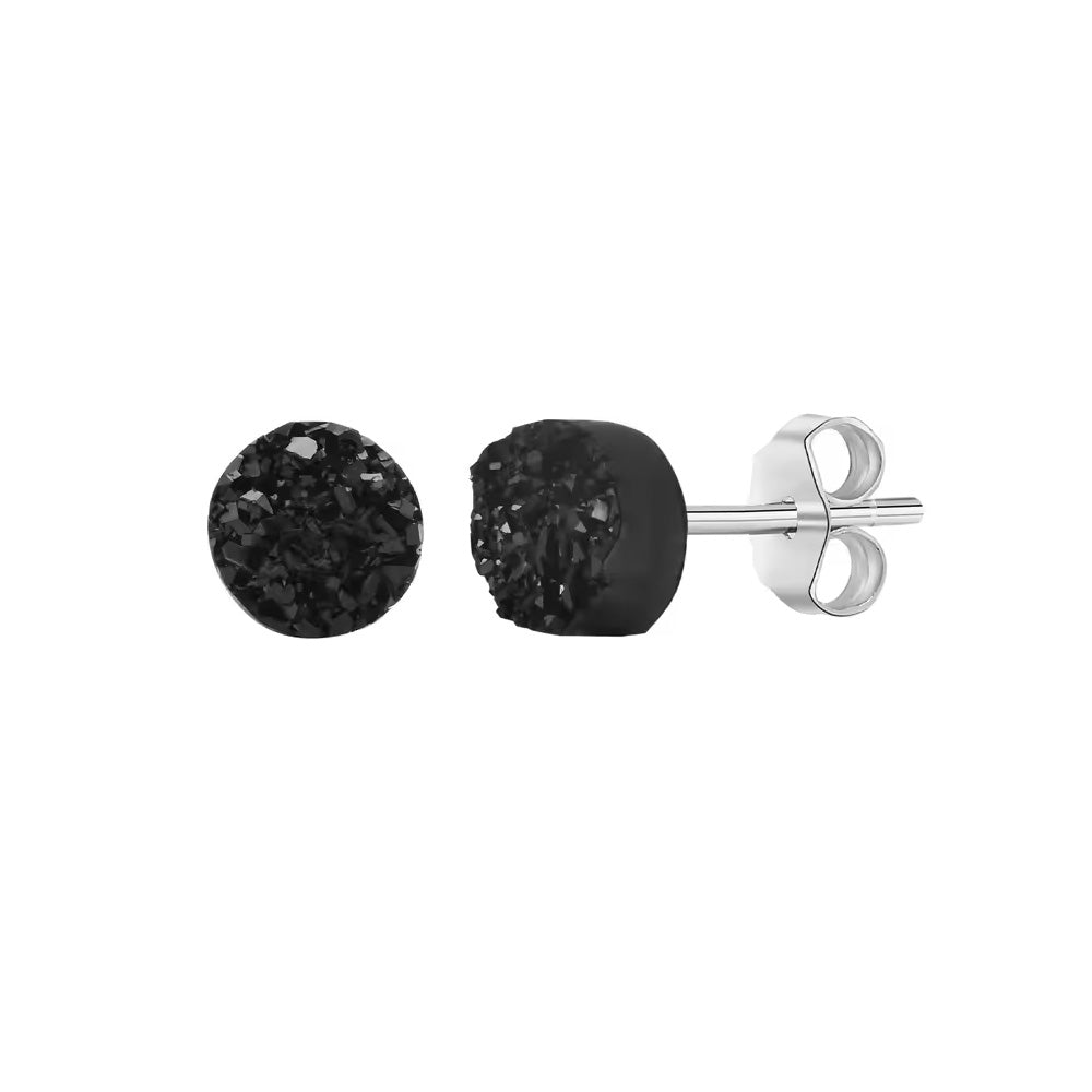 Sterling Silver Black Druzy Round Stud Earrings
