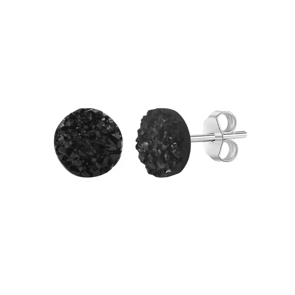 Sterling Silver Black Druzy Round Stud Earrings