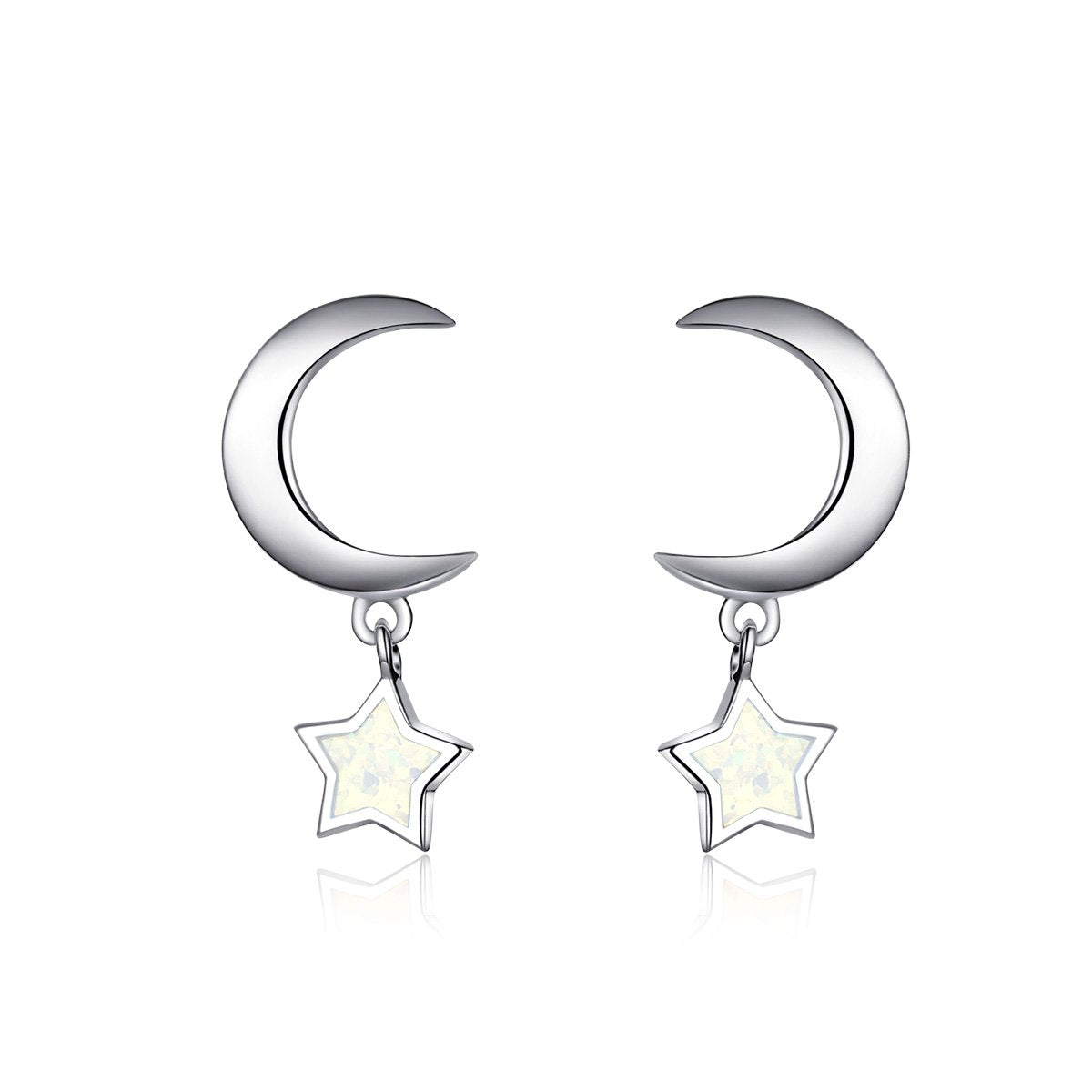Sterling Silver Crescent Moon & Opal Star Stud Hypoallergenic Earrings