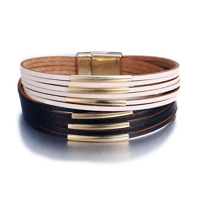 Leather Multilayer Bracelet With Metal Accent - Various