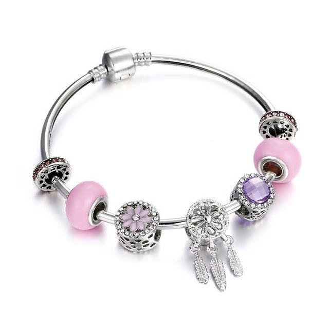 Crystal Beads Feather Charm Bangle