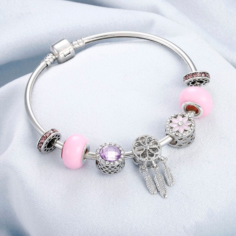 Crystal Beads Feather Charm Bangle