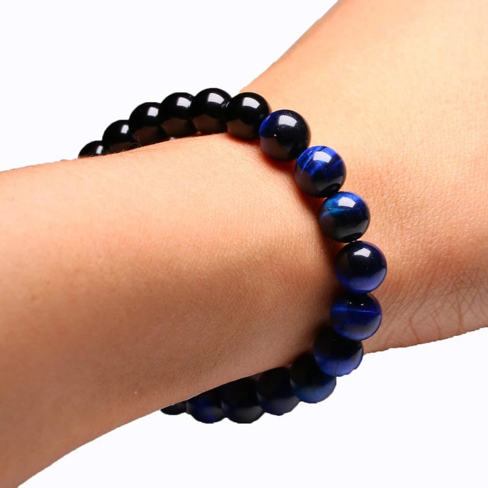 Blue Blonde Tiger Eye Bead Bracelet - 10mm Gemstone Stretch Bracelet For Men & Women