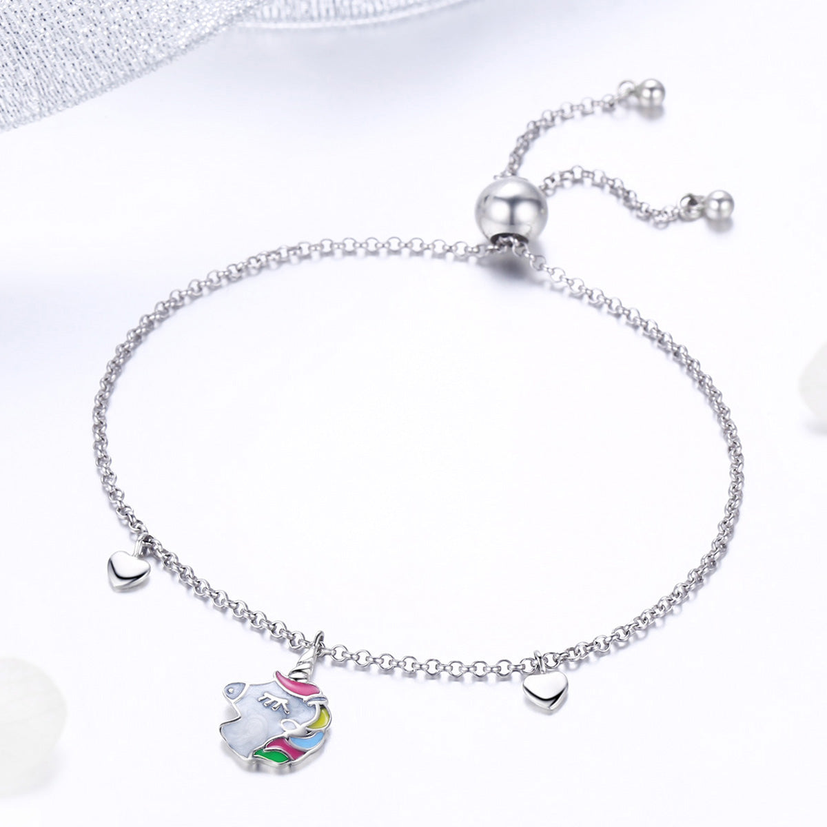 Sterling Silver Double Heart Unicorn Hypoallergenic Bracelet