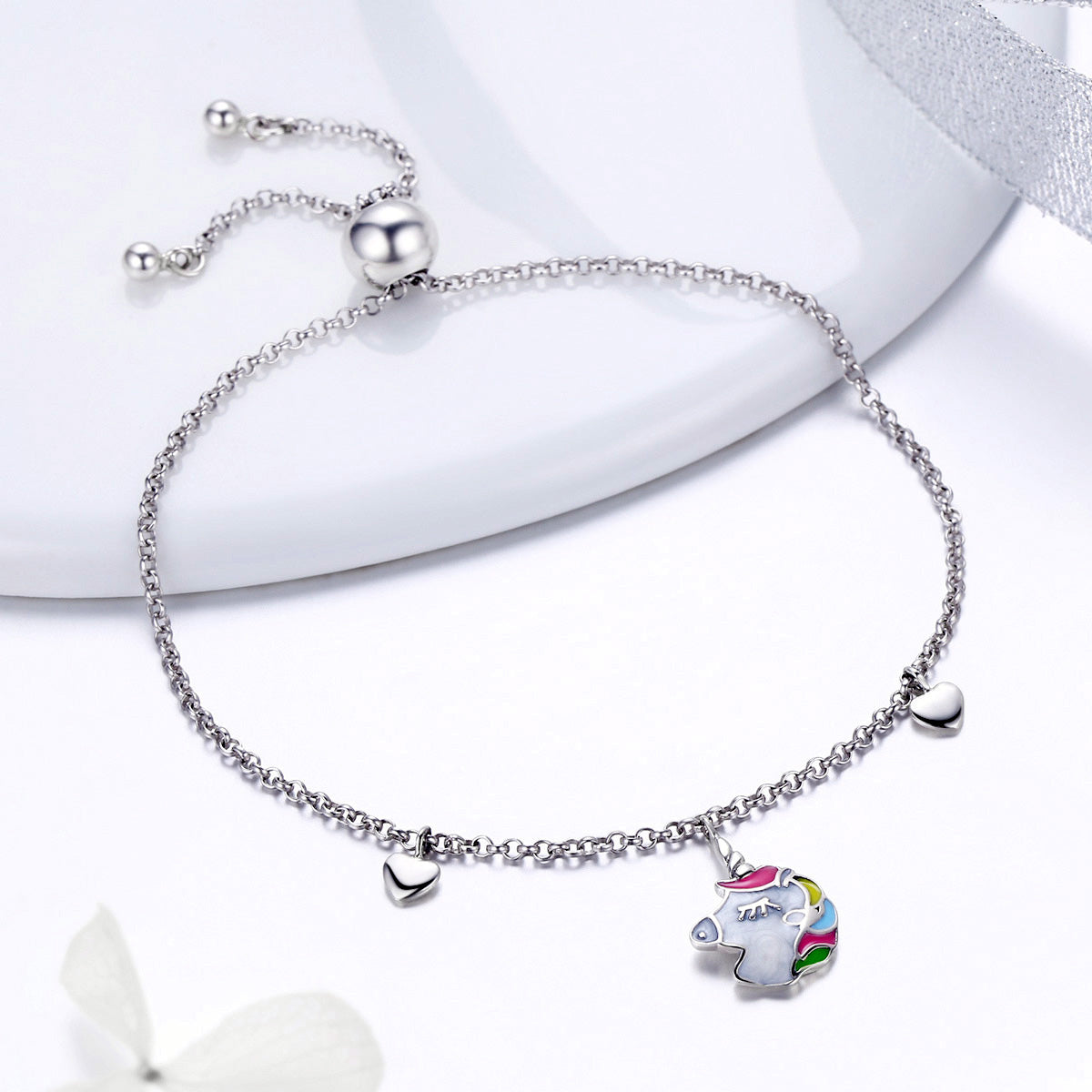 Sterling Silver Double Heart Unicorn Hypoallergenic Bracelet