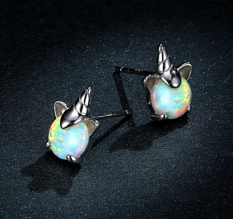 Sterling Silver Opal Unicorn Stud Hypoallergenic Earrings