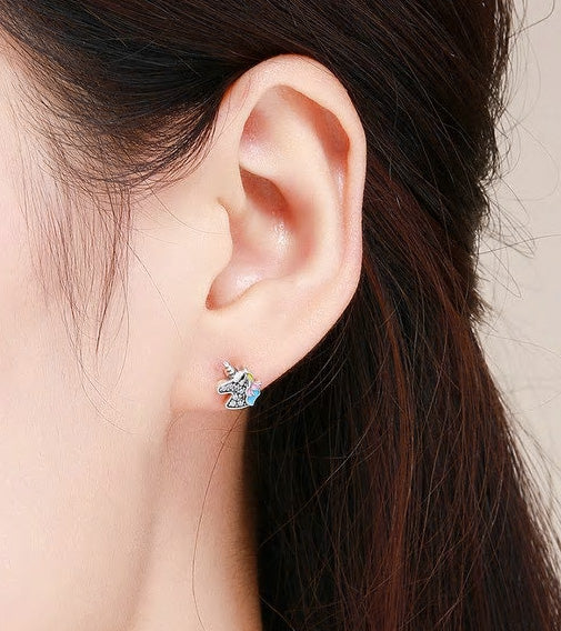 Sterling Silver Dazzling Unicorn Stud Hypoallergenic Earrings