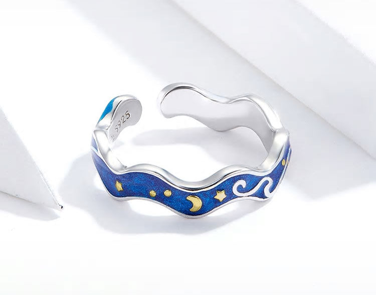 Sterling Silver Starry Night Of Van Gogh Adjustable Hypoallergenic Ring