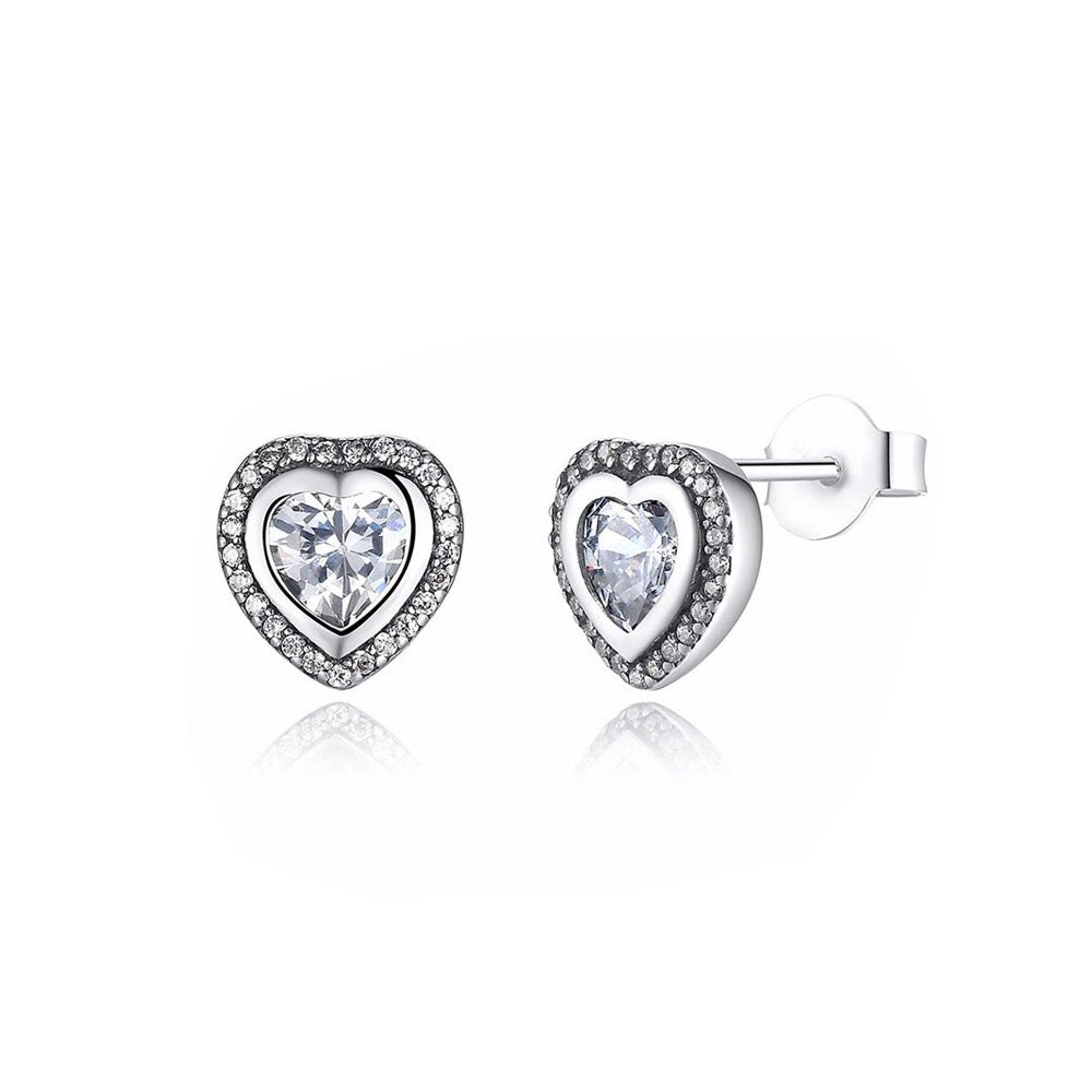Sterling Silver Clear Cubic Zirconia Heart Stud Hypoallergenic Earrings