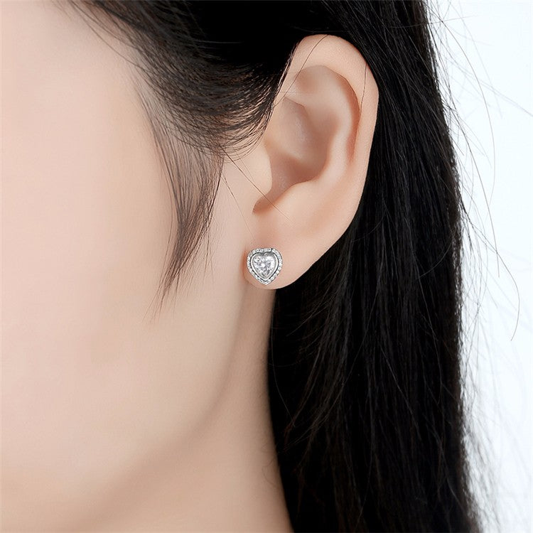 Sterling Silver Clear Cubic Zirconia Heart Stud Hypoallergenic Earrings