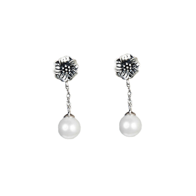 Sterling Silver Flower & Pearl Drop Hypoallergenic Earrings