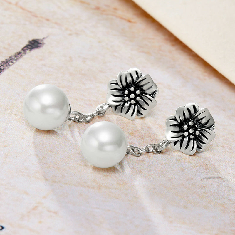 Sterling Silver Flower & Pearl Drop Hypoallergenic Earrings