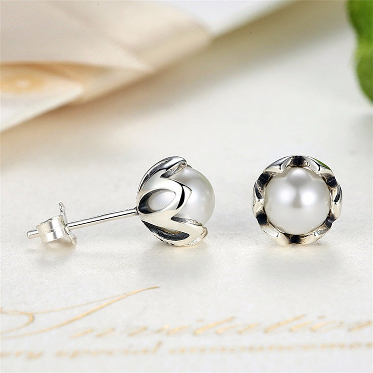 Sterling Silver Flower Bud & Pearl Hypoallergenic Earrings