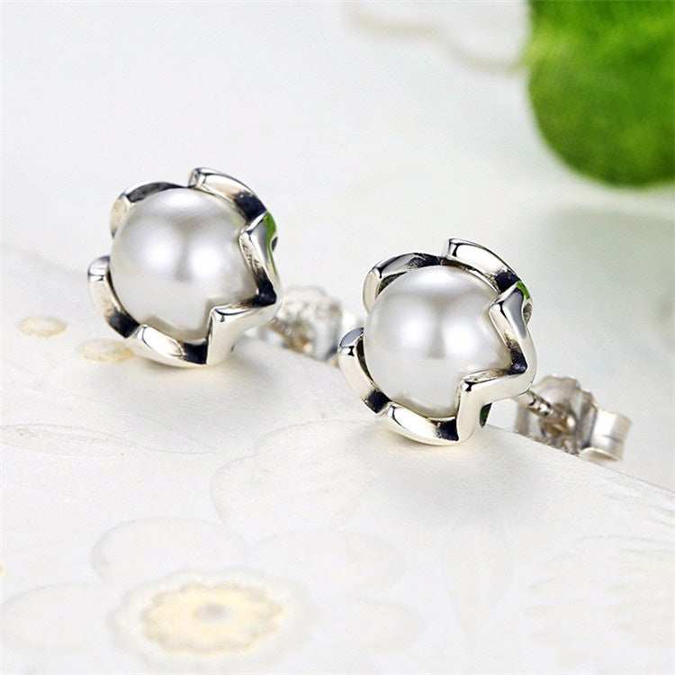 Sterling Silver Flower Bud & Pearl Hypoallergenic Earrings