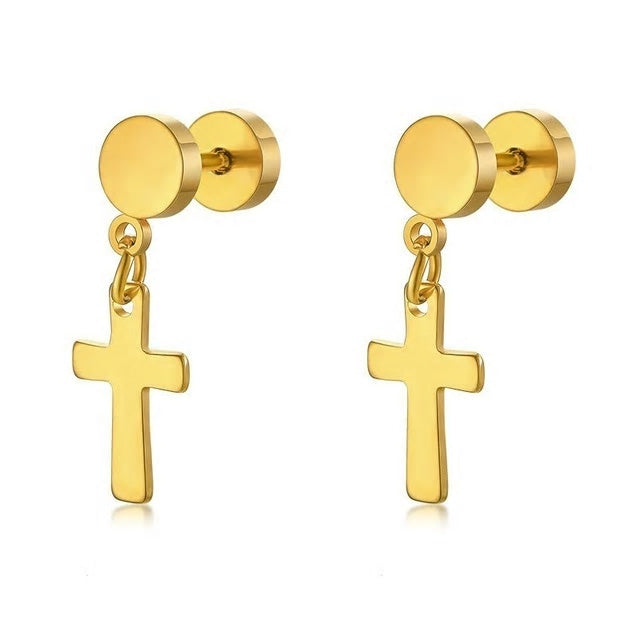 Stainless Steel Cross Drop Screw Stud Earrings