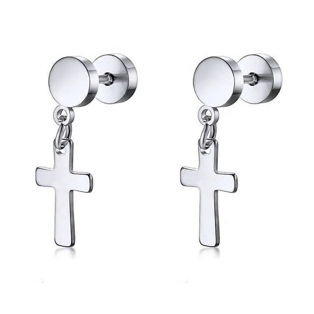 Stainless Steel Cross Drop Screw Stud Earrings