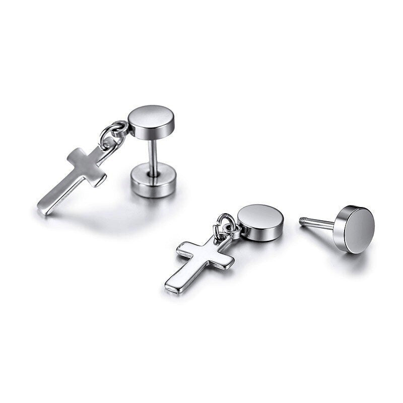 Stainless Steel Cross Drop Screw Stud Earrings