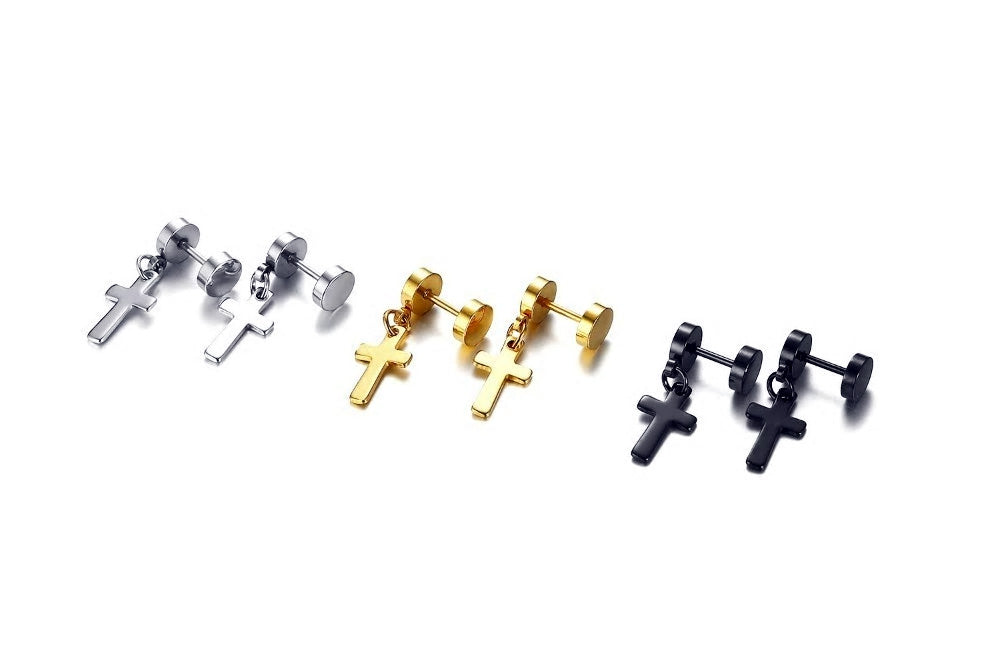 Stainless Steel Cross Drop Screw Stud Earrings