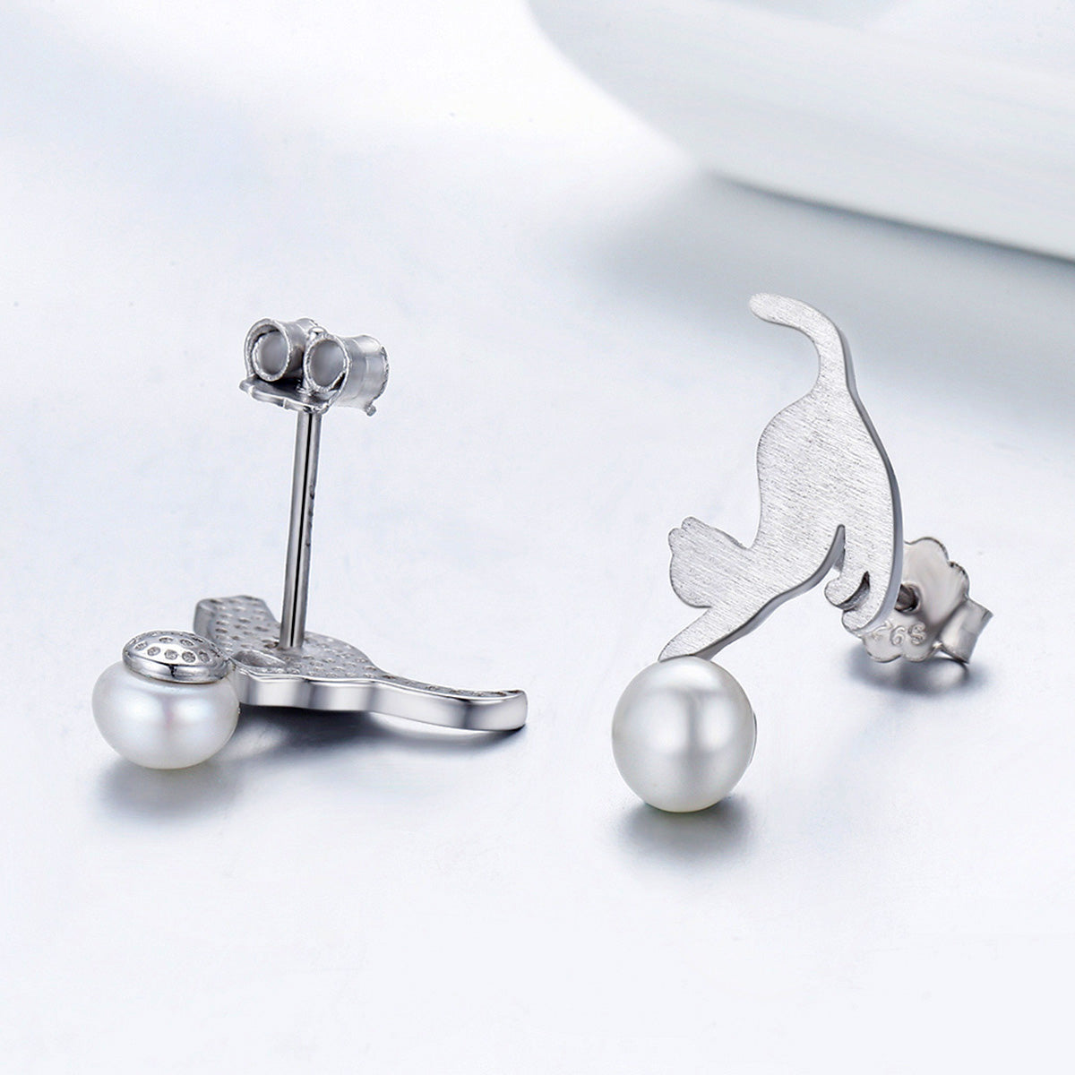 Sterling Silver Cat & Pearl Stud Hypoallergenic Earrings