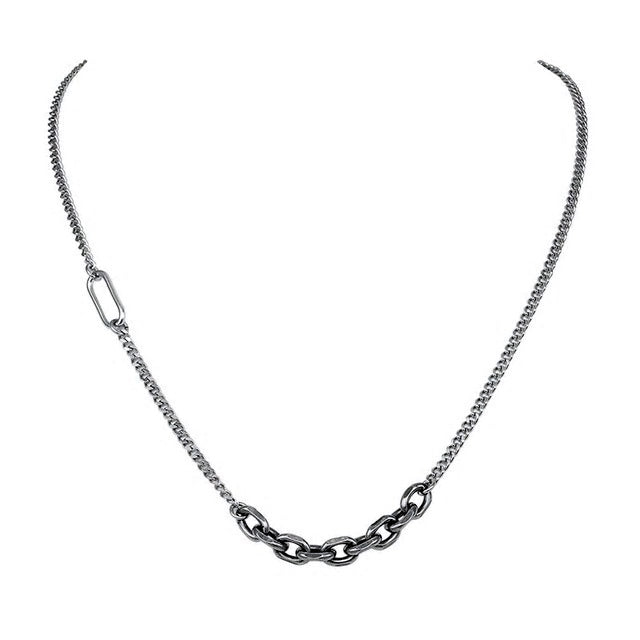 Stainless Steel Oxidised Oval Cable & Curb Chain Necklace