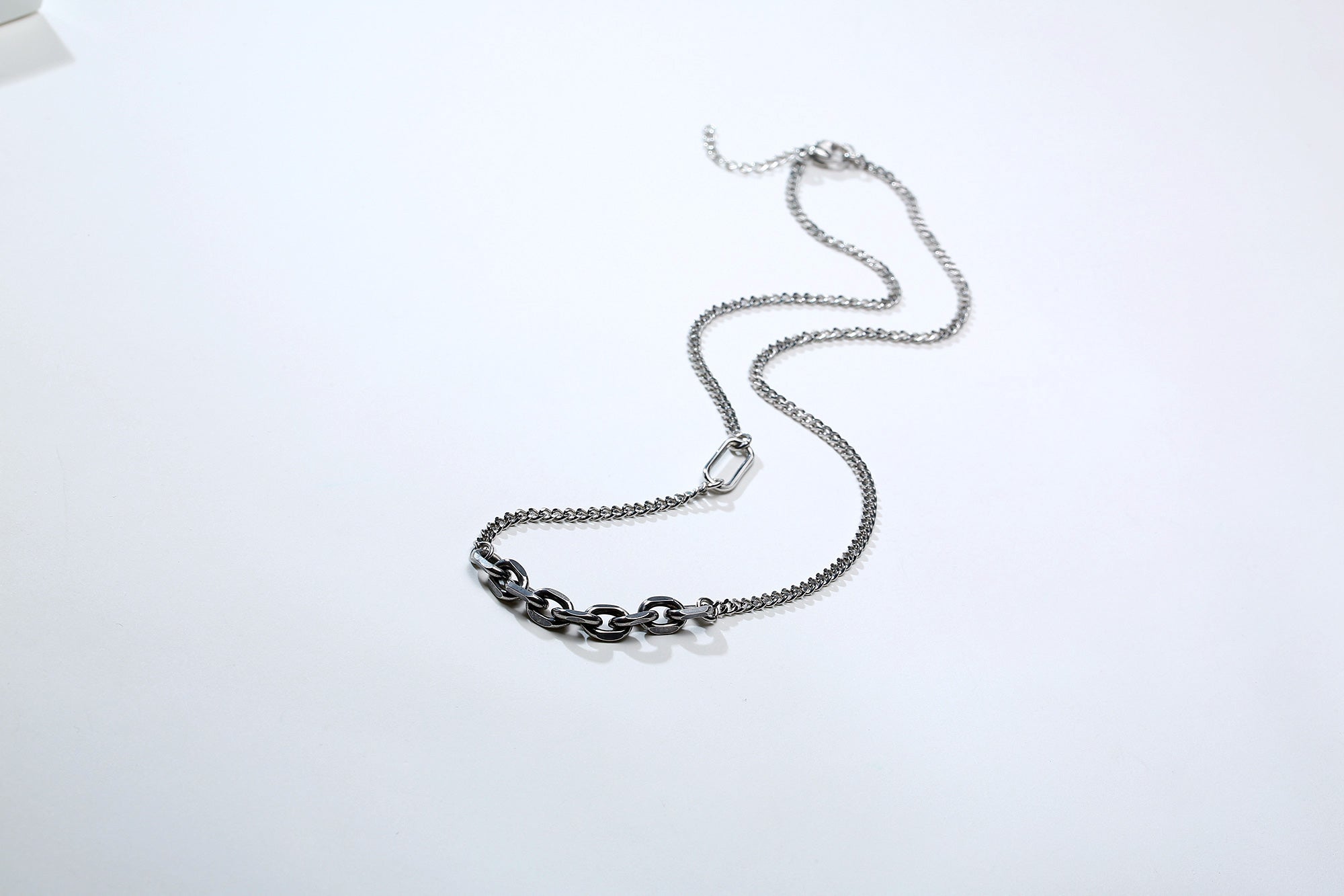 Stainless Steel Oxidised Oval Cable & Curb Chain Necklace