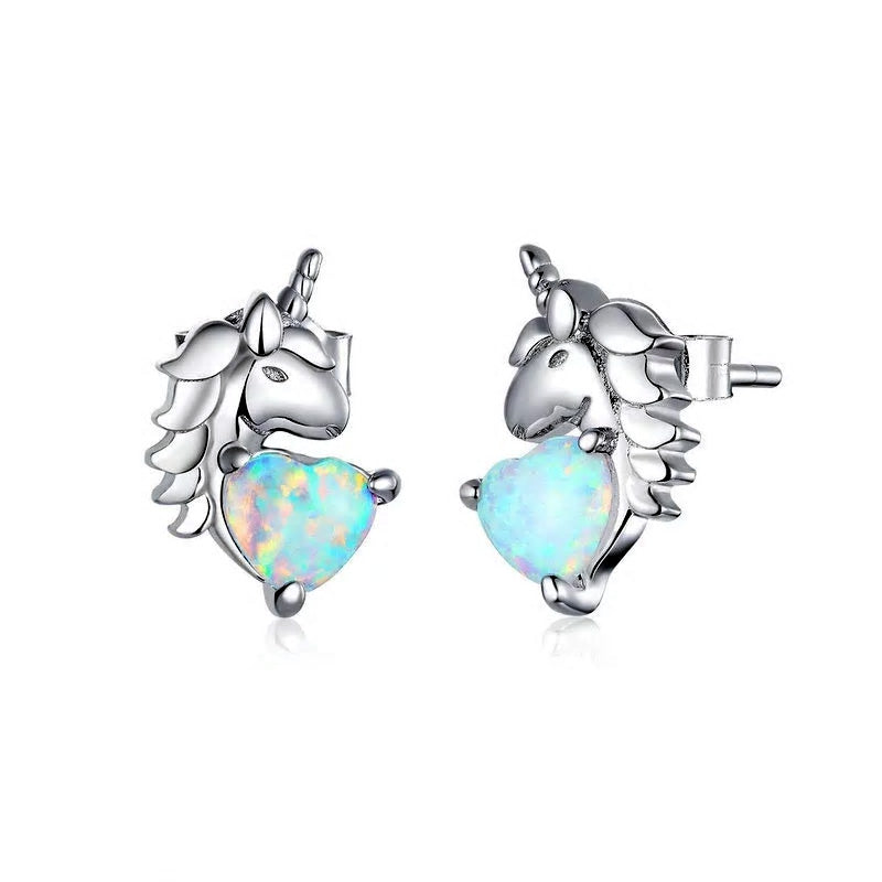 Sterling Silver Opal Heart Unicorn Stud Hypoallergenic Earrings