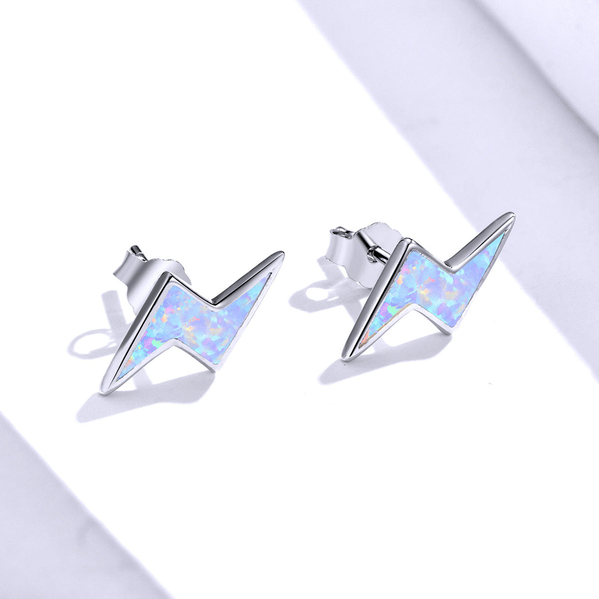 Sterling Silver White Opal Lightning Bolt Stud Hypoallergenic Earrings