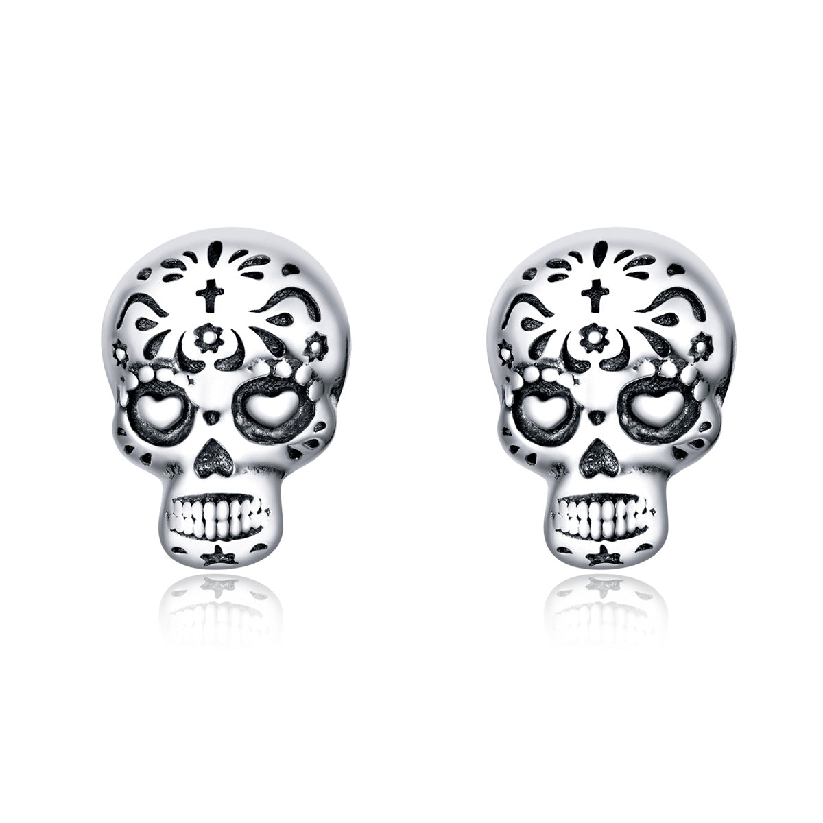 Sterling Silver Mexican Sugar Skull Stud Hypoallergenic Earrings