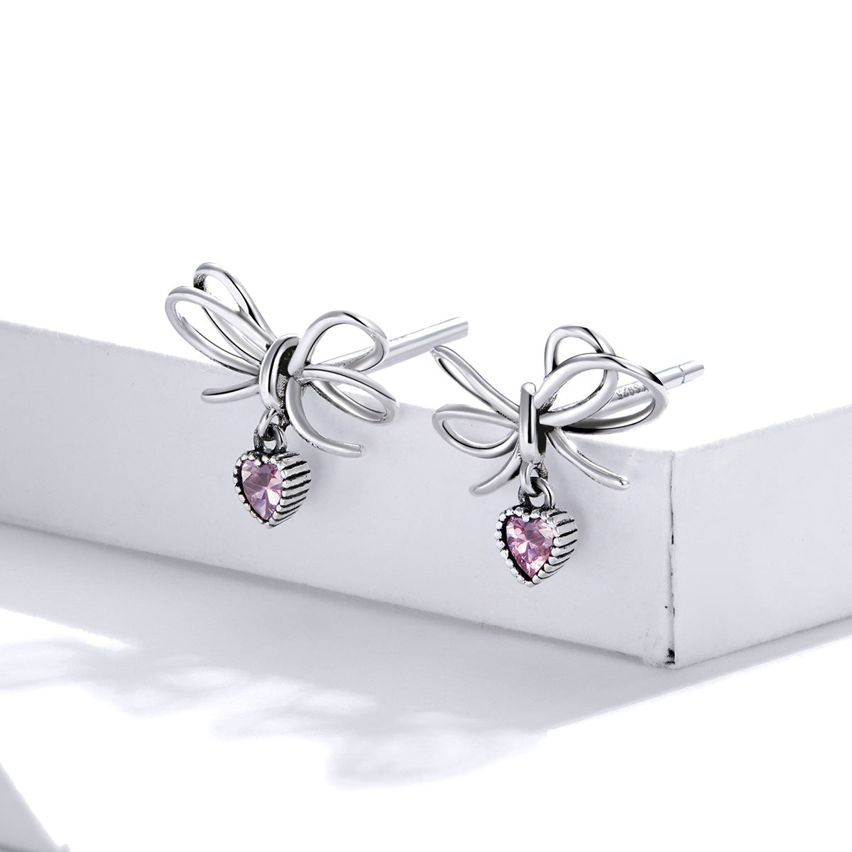 Sterling Silver Love Heart Bow Drop Hypoallergenic Earrings