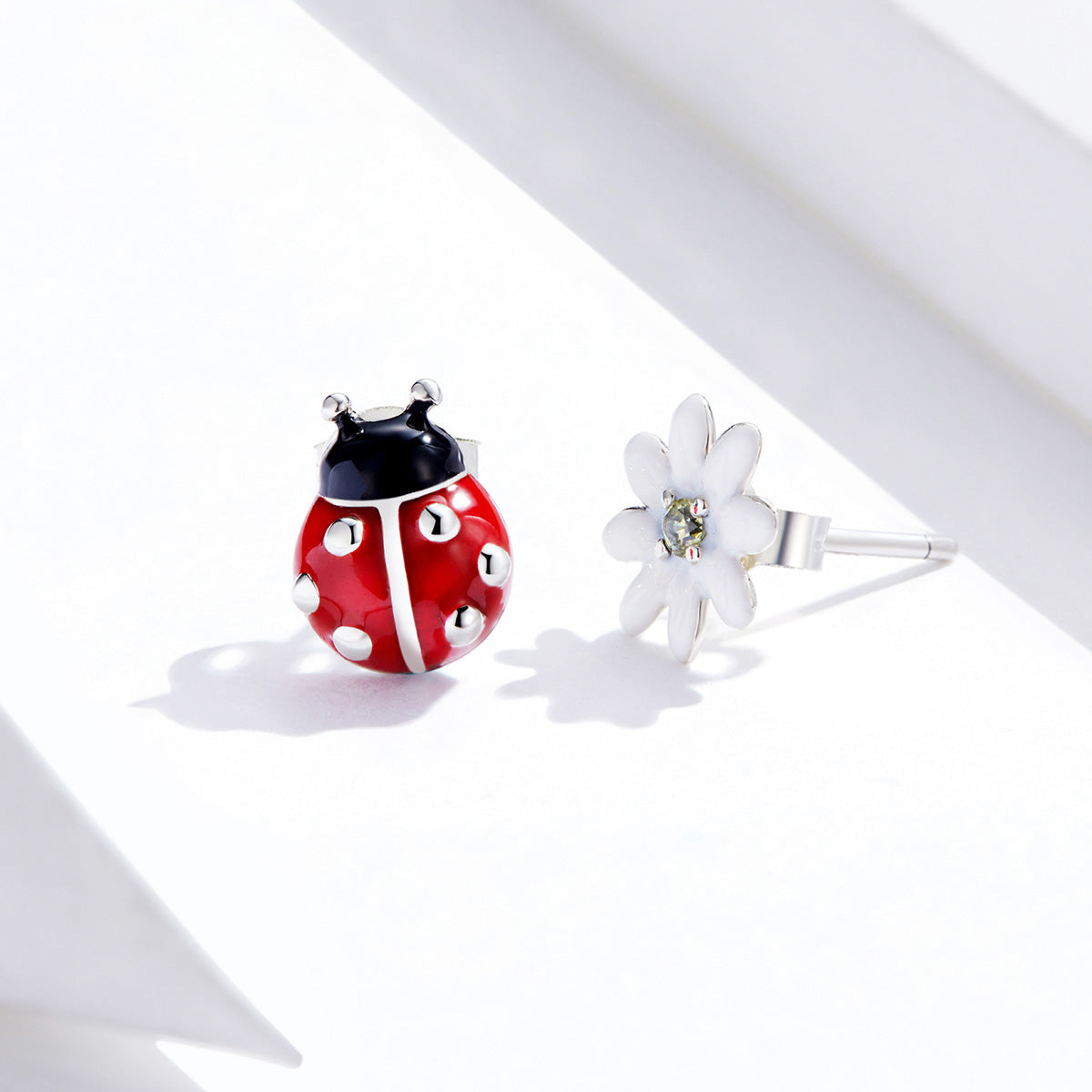 Sterling Silver Ladybug & Flower Hypoallergenic Earrings