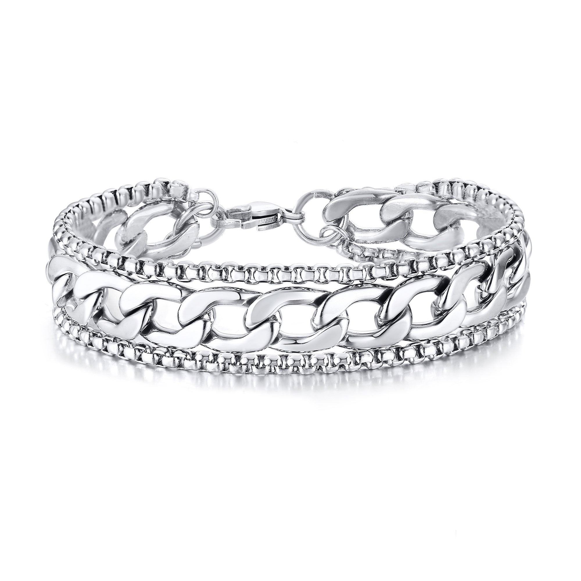 Stainless Steel Triple Layer Curb & Box Chain Bracelet