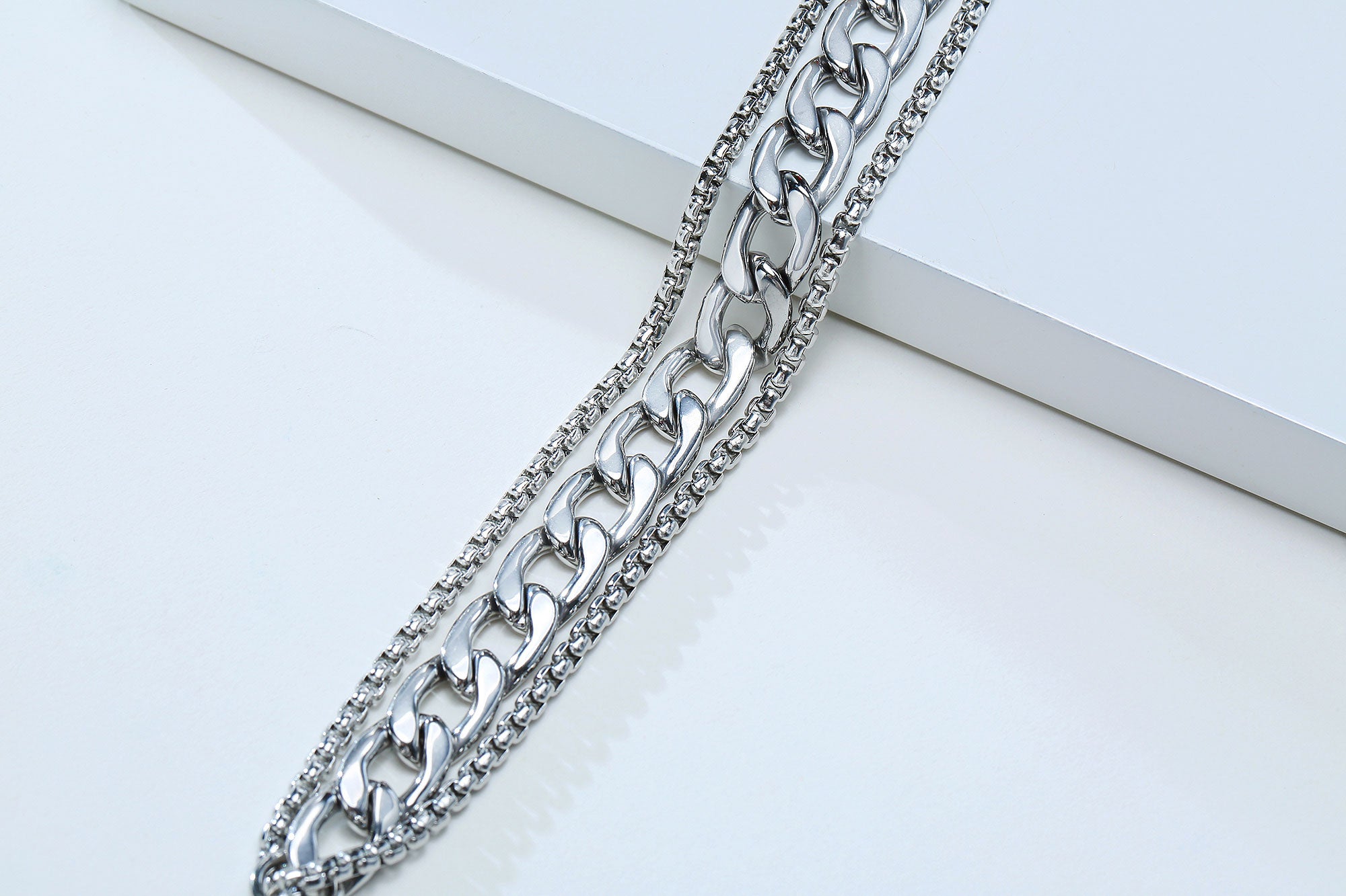 Stainless Steel Triple Layer Curb & Box Chain Bracelet