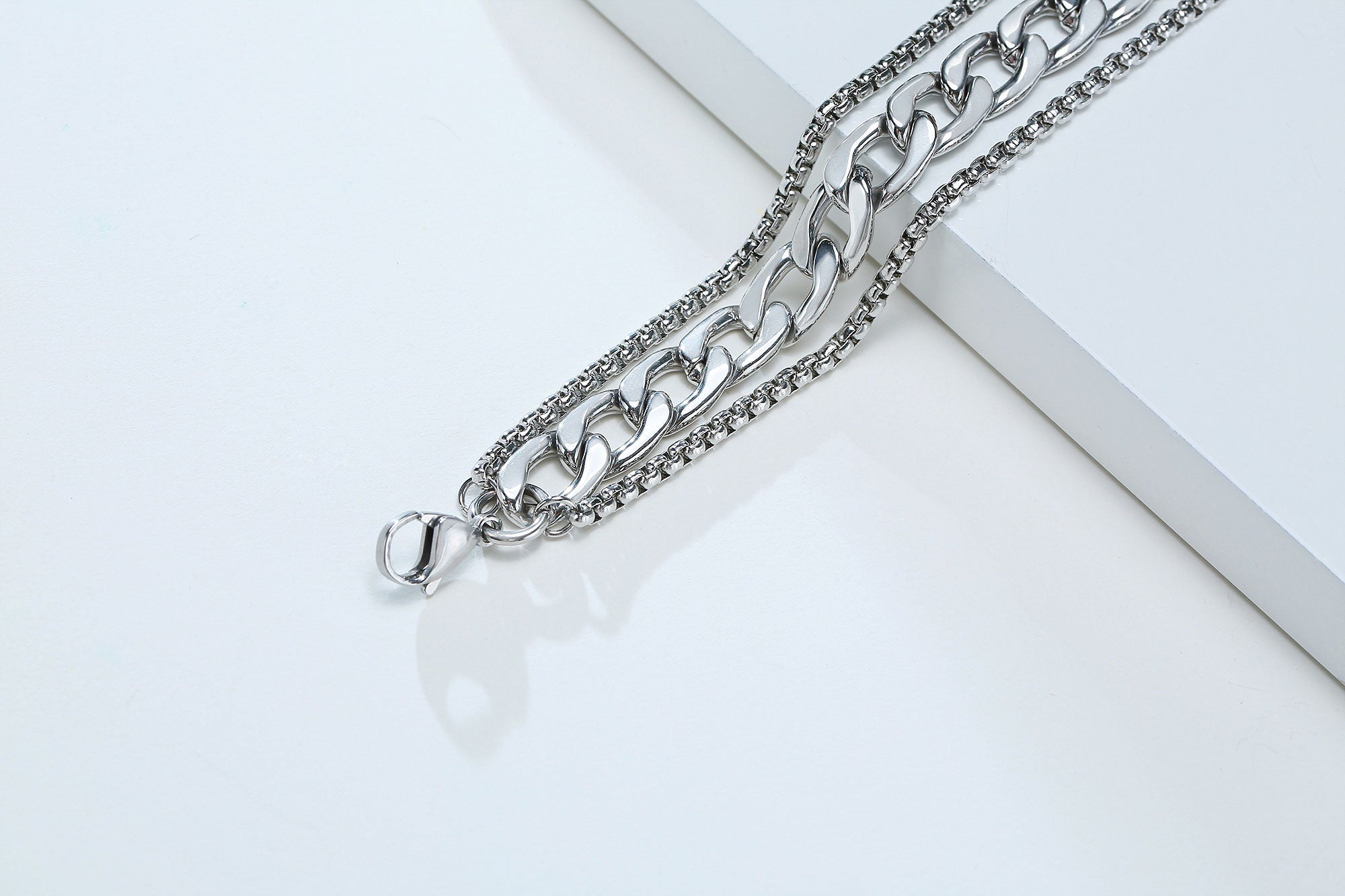 Stainless Steel Triple Layer Curb & Box Chain Bracelet