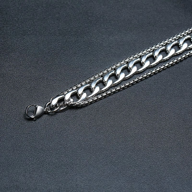 Stainless Steel Triple Layer Miami Curb & Box Chain Bracelet