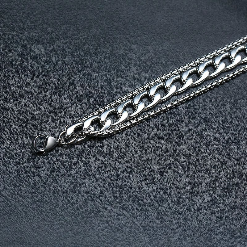 Stainless Steel Triple Layer Curb & Box Chain Bracelet