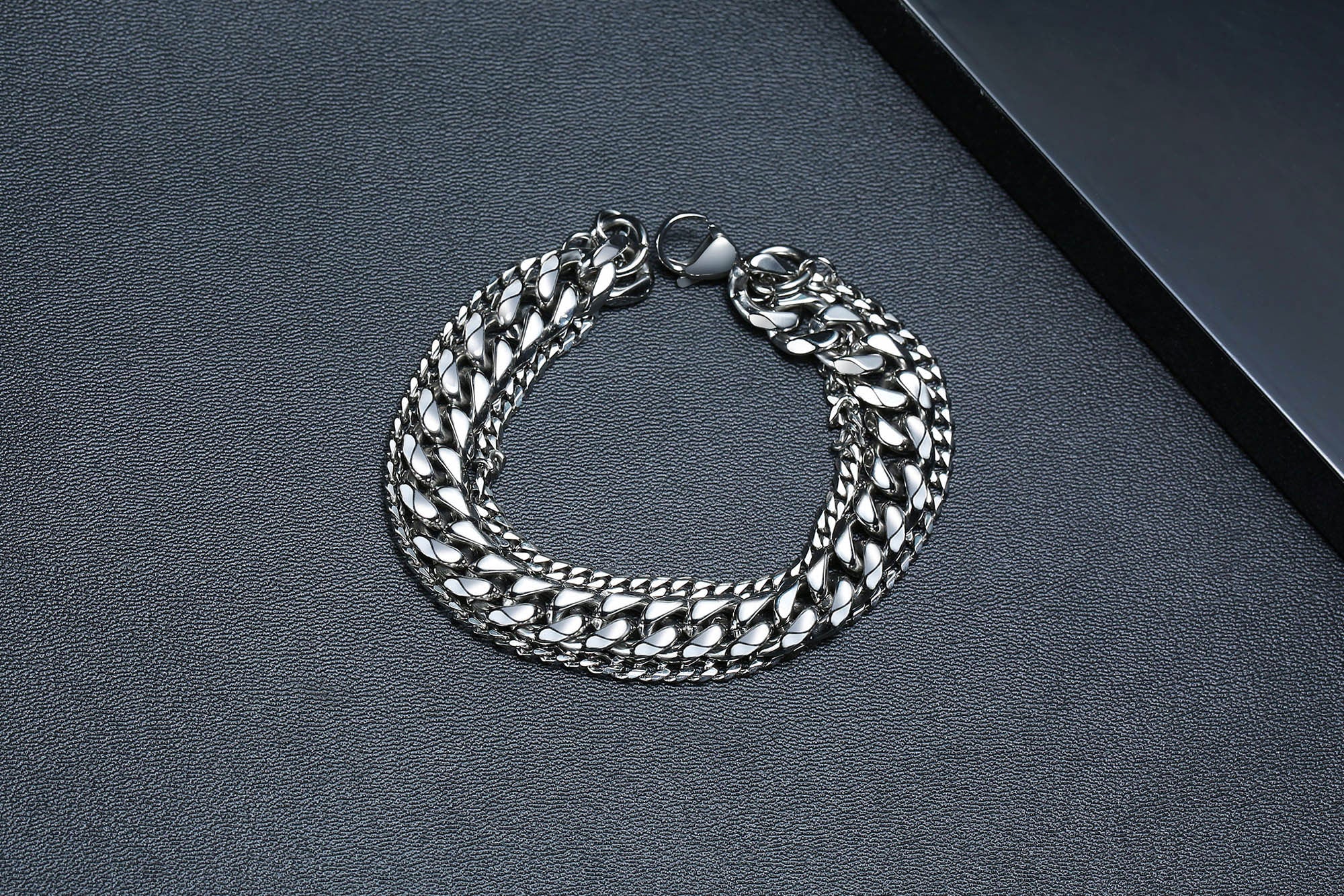 Stainless Steel Triple Layer Curb & Box Chain Bracelet