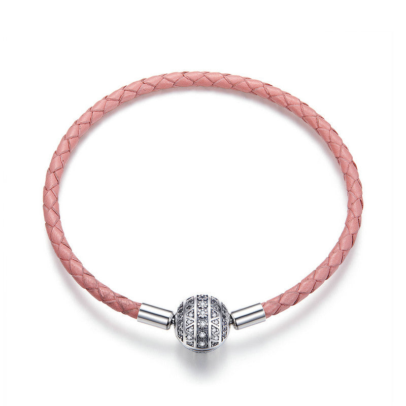 Sterling Silver Shiny Sphere & Pink Leather Charm Hypoallergenic Bracelet