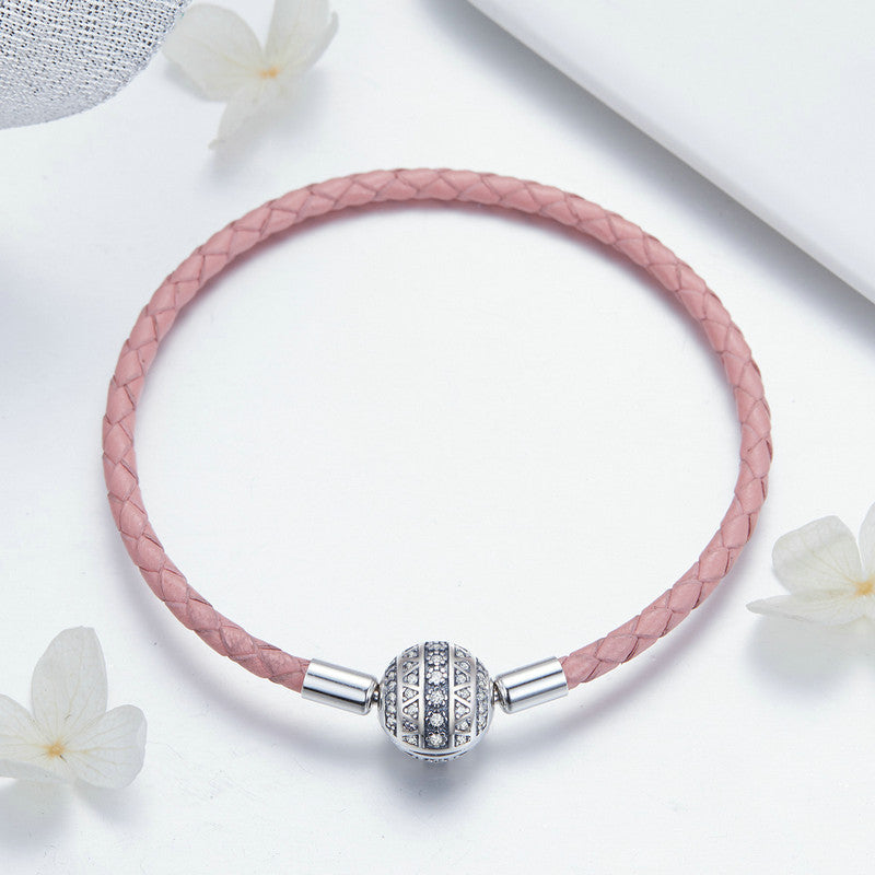 Sterling Silver Shiny Sphere & Pink Leather Charm Hypoallergenic Bracelet