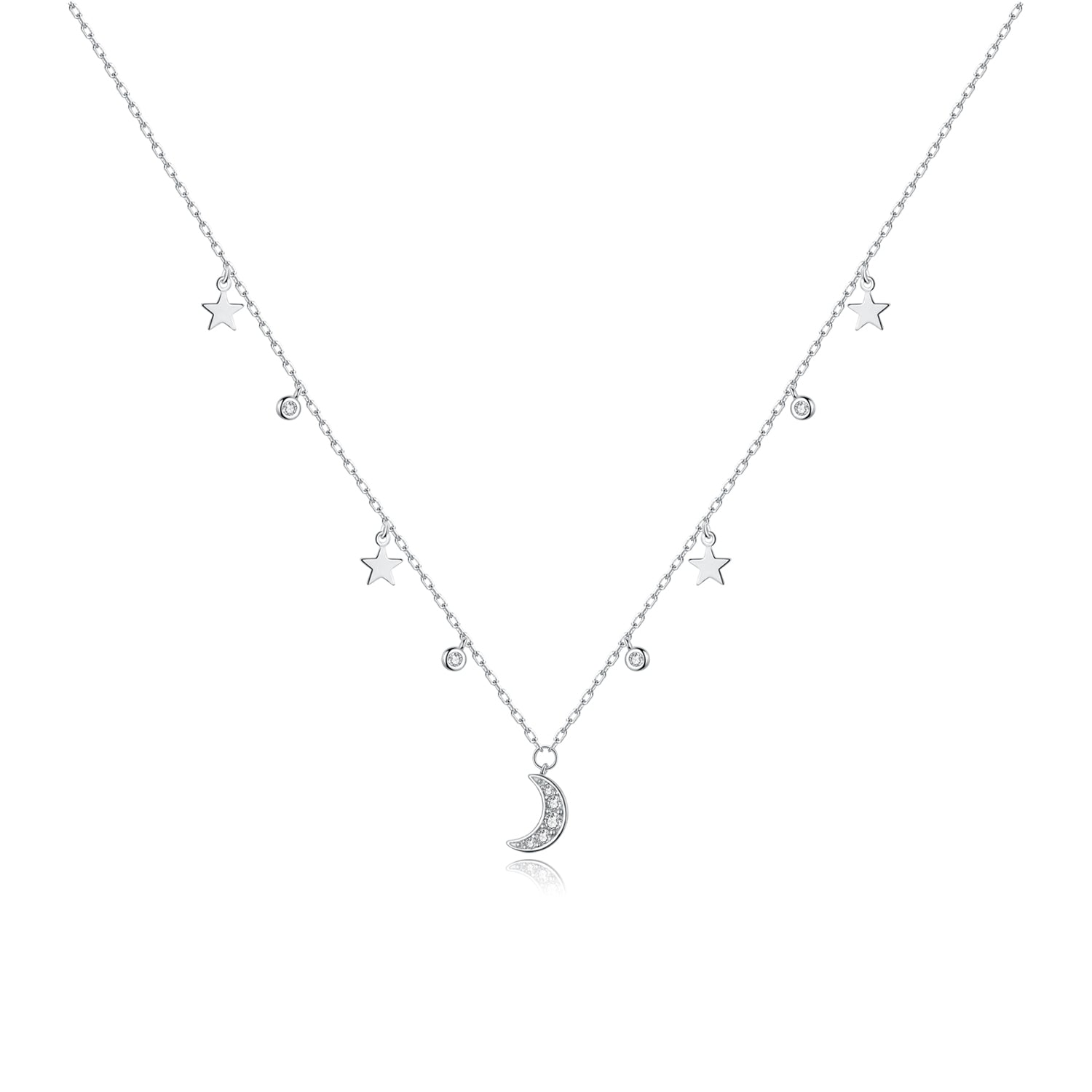 Sterling Silver Crescent Moon & Stars Hypoallergenic Necklace