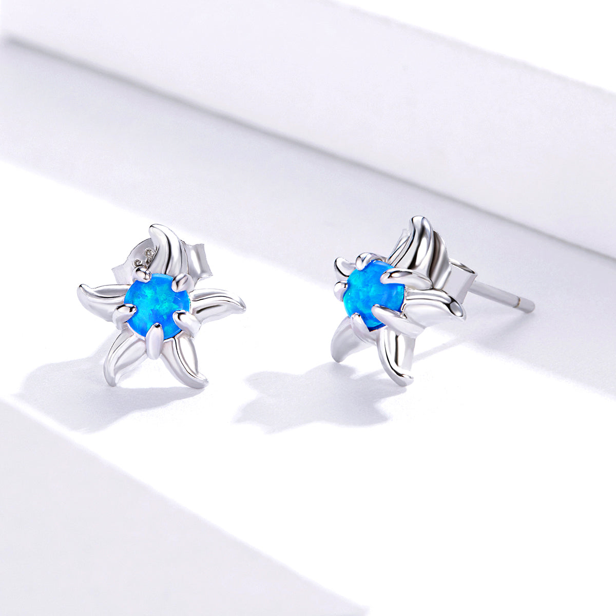 Sterling Silver Starfish Blue Opal Stud Hypoallergenic Earrings