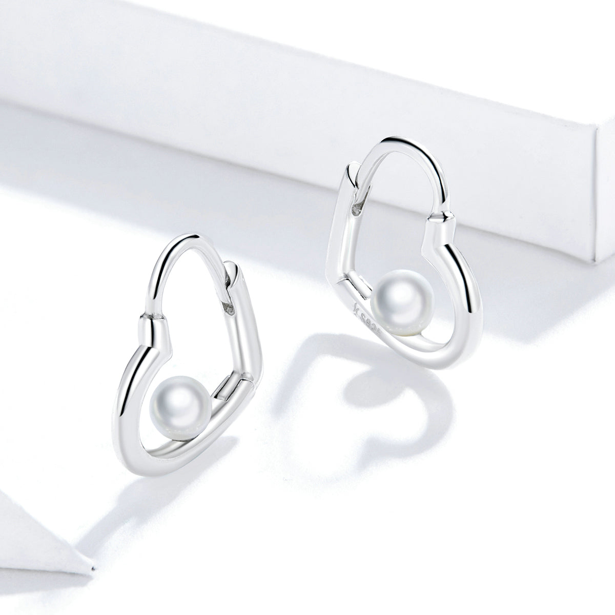 Sterling Silver Pearl Heart Huggie Hypoallergenic Earrings