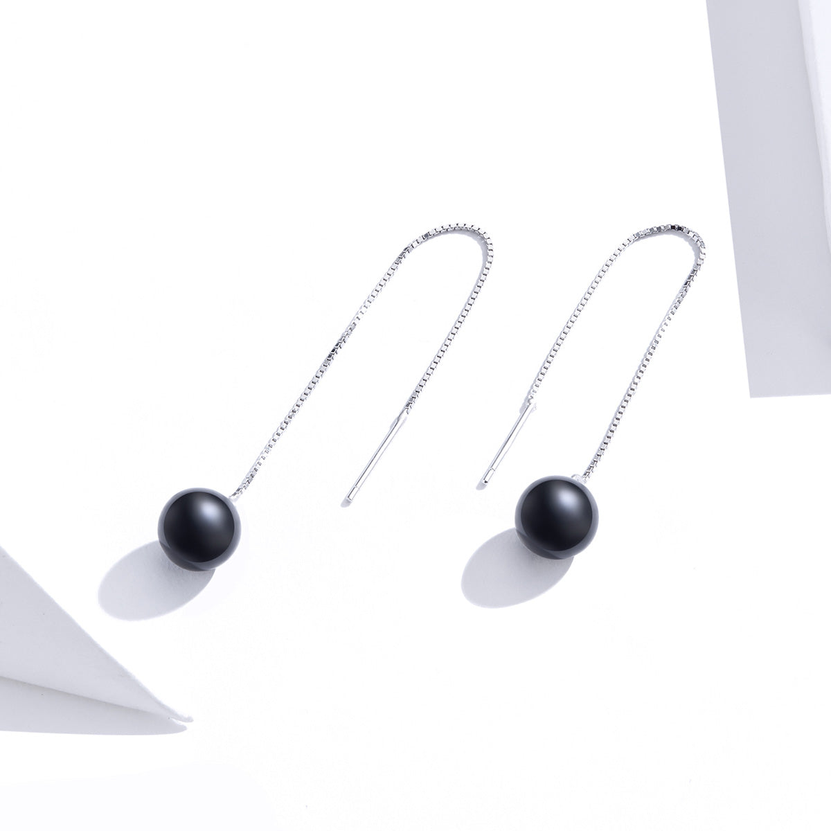 Sterling Silver Black Agate Stone Bead Threader Hypoallergenic Earrings