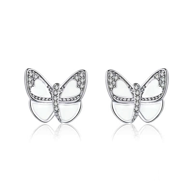 Sterling Silver White Butterfly Stud Hypoallergenic Earrings