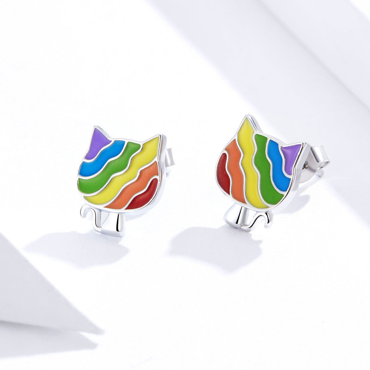 Sterling Silver Colourful Cat Stud Hypoallergenic Earrings