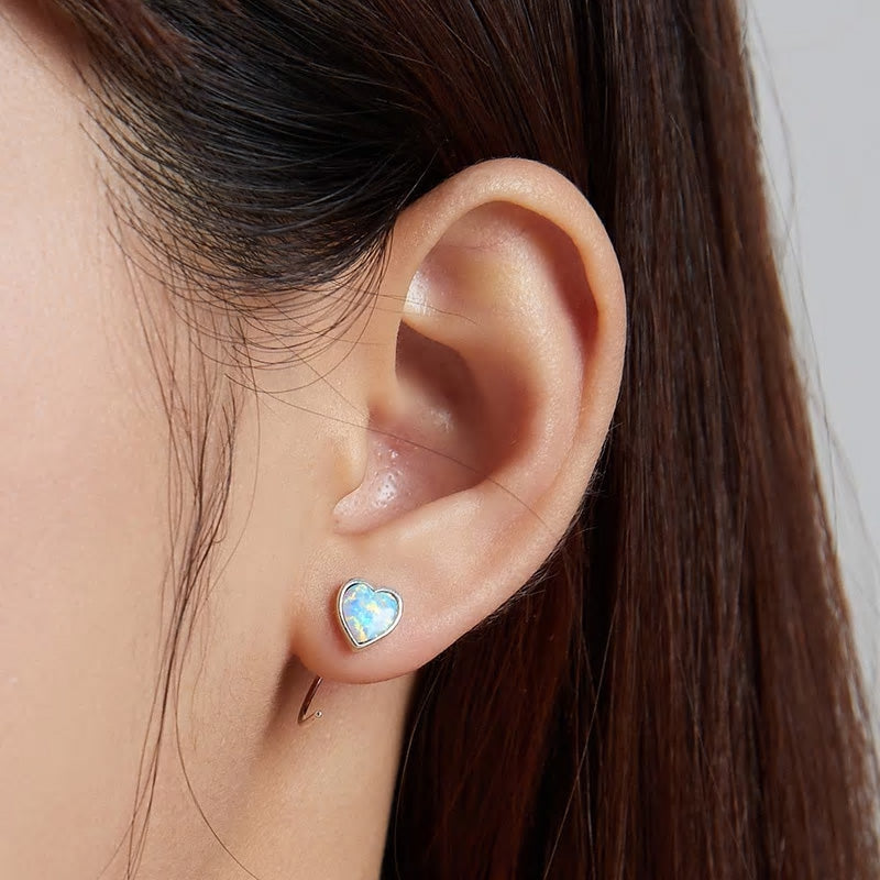 Sterling Silver Romantic Opal Heart Ear Spike Hypoallergenic Earrings
